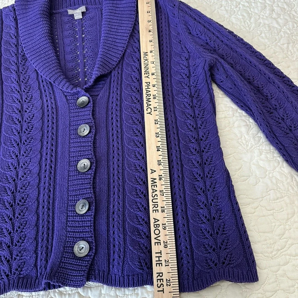 J Jill Knit Sweater Cardigan Medium Cable‎ Pointelle Purple Cotton Blend Chunky - Picture 11 of 12